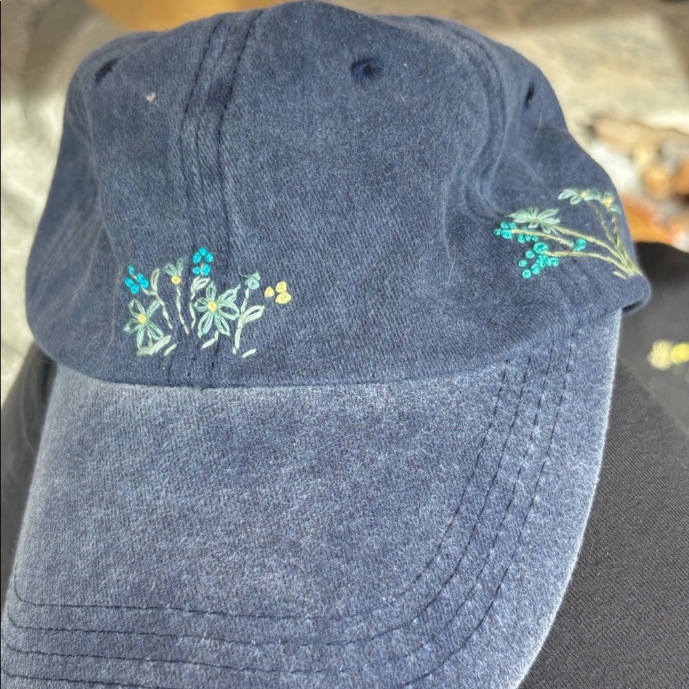 Floral Embroidered Navy Blue Cap